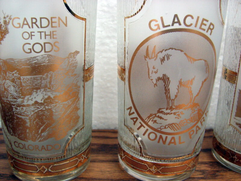 Vintage Culver Gold Souvenir National Parks 22kt Gold Marked Set/4, Moose-R-Us.Com Antiques Collectibles Log Cabin Decor