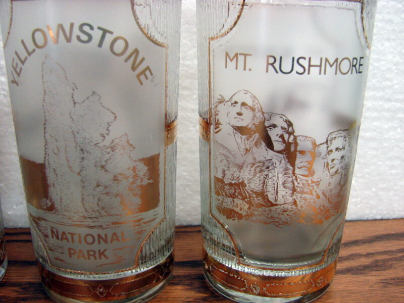 Vintage Culver Gold Souvenir National Parks 22kt Gold Marked Set/4, Moose-R-Us.Com Antiques Collectibles Log Cabin Decor