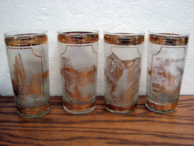 Vintage Culver Gold Souvenir National Parks 22kt Gold Marked Set/4, Moose-R-Us.Com Antiques Collectibles Log Cabin Decor