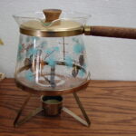 Vintage MCM Libbey Turquoise Pine Needles Gold Pinecone Hot Chocolate Server