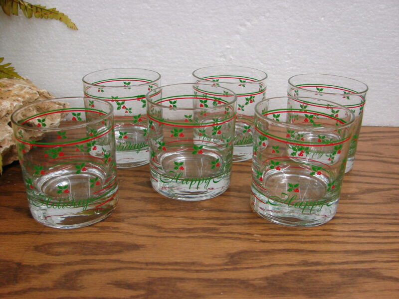 Vintage Happy Holidays Holly Berry On the Rocks Whiskey Glasses Set/6 - Image 2