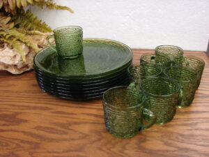 Set/8 Vintage MCM Avocado Green Anchor Hocking Soreno Snack Sets 16 pcs