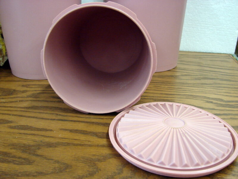 Vintage Tupperware Set/3 Dusty Rose Pink Servalier Canister w/ Lids, Moose-R-Us.Com Log Cabin Decor