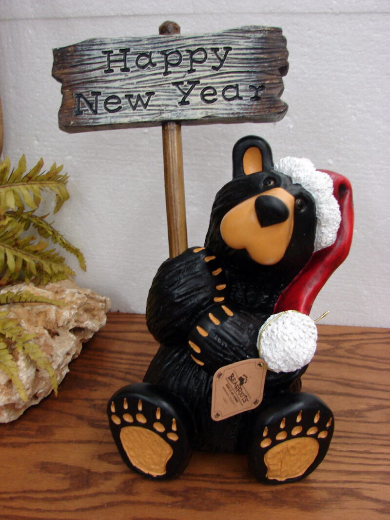 New Big Sky Carvers Bearfoot Bears Jeff Fleming Happy Holiday New Year Grand Bear Figurine, Moose-R-Us.Com Antiques Collectibles Log Cabin Decor