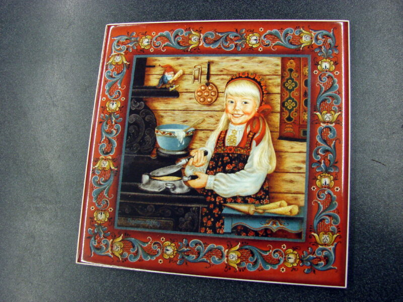 Scandinavian Norwegian Krumkake Girl Susan Toftey Tile Bergquist, Moose-R-Us.Com Log Cabin Decor