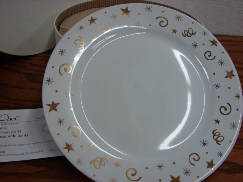 The Pampered Chef Set/4 Desert Plates Celebration 1996 Original Box, Moose-R-Us.Com Log Cabin Decor