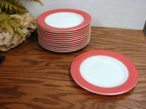 Set/15 Vintage PYREX Pink Flamingo Coral Salmon Ringed 8 1/4" Plates Gold Trim