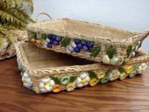 Set/2 Boho Vintage Raffia Woven Straw Fruit Rectangular Casserole Dish Cover
