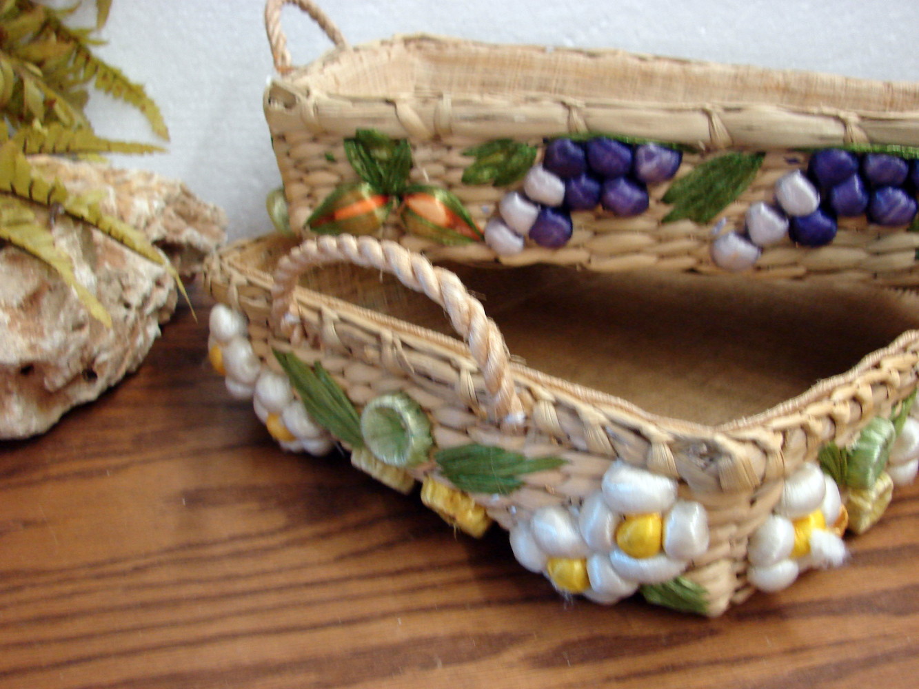 Set/2 Boho Vintage Raffia Woven Straw Fruit Rectangular Casserole Dish Cover - Image 2