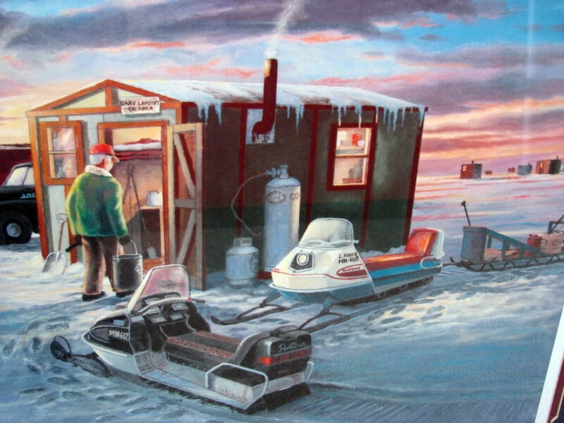 Ken Zylla Artwork Wigwam Bay Ice Fishing Lake Snowmobiles Framed Matted #163, Moose-R-Us.Com Antiques Collectibles Log Cabin Decor