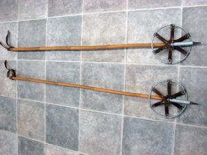 Vintage Ski Poles Bamboo Leather Aluminum 7" Basket Ski Lodge Wall Hanging Decor