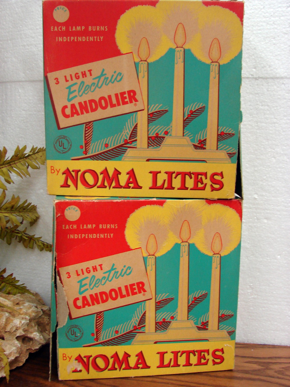 Vintage Christmas Lights 3 Light Noma Candolier Original Boxes Set/2