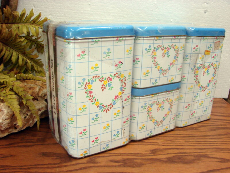 Vintage 4 pc Tin Canister Cheinco Country Flower Heart Set Still Shrinkwrapped, Moose-R-Us.Com Antiques Collectibles Log Cabin Decor