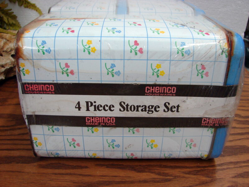 Vintage 4 pc Tin Canister Cheinco Country Flower Heart Set Still Shrinkwrapped, Moose-R-Us.Com Antiques Collectibles Log Cabin Decor
