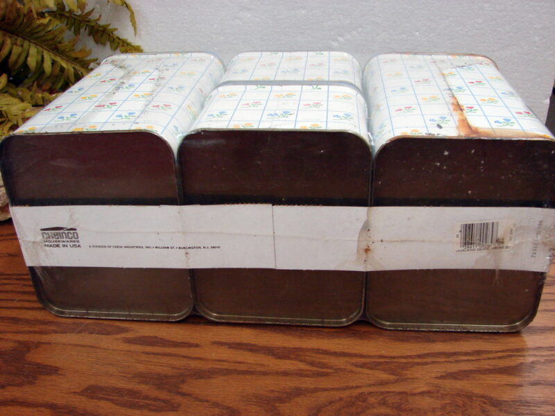 Vintage 4 pc Tin Canister Cheinco Country Flower Heart Set Still Shrinkwrapped, Moose-R-Us.Com Antiques Collectibles Log Cabin Decor
