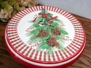 Chickadee Pine Cone Bough Reversible Cake Stand Chip and Dip Holder Red White