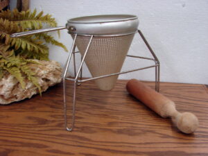 Vintage Cone Shaped Canning Colander Sieve Juicer on Stand for Jam Juice