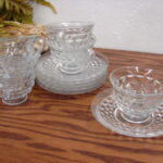 Vintage Crystal Fostoria American Cubist Set/6 Pedestal Cups and Saucers - Image 2