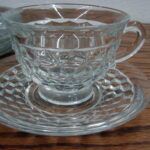 Vintage Crystal Fostoria American Cubist Set/6 Pedestal Cups and Saucers