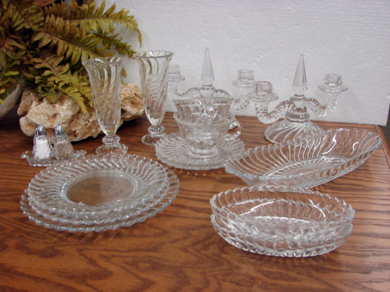 Vintage Crystal Fostoria Colony Swirl 17 Pcs Sample Lot, Moose-R-Us.Com Log Cabin Decor