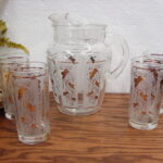 Vintage Anchor Hocking Gold Grape Ivy Frosted Paneled Pitcher Glasses Set