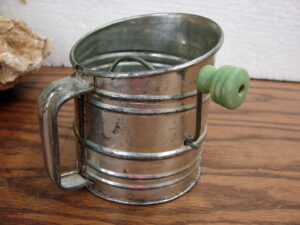 Vintage Metal Miniature Flour Sifter Green Wooden Knob
