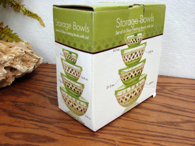 Retro Style Polka Dot Nest of Clear Glass Bowls with Storage Lids Brand New in Box, Moose-R-Us.Com Antiques Collectibles Log Cabin Decor