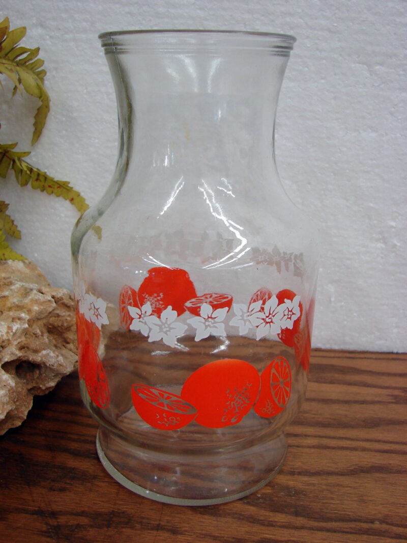 Vintage Retro Anchor Hocking Orange White Flower Juice Milk Carafe Decanter, Moose-R-Us.Com Antiques Collectibles Log Cabin Decor