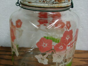Vintage Hazel Atlas Bail Handle Jar w/ Lid Painted Pink White Flowers