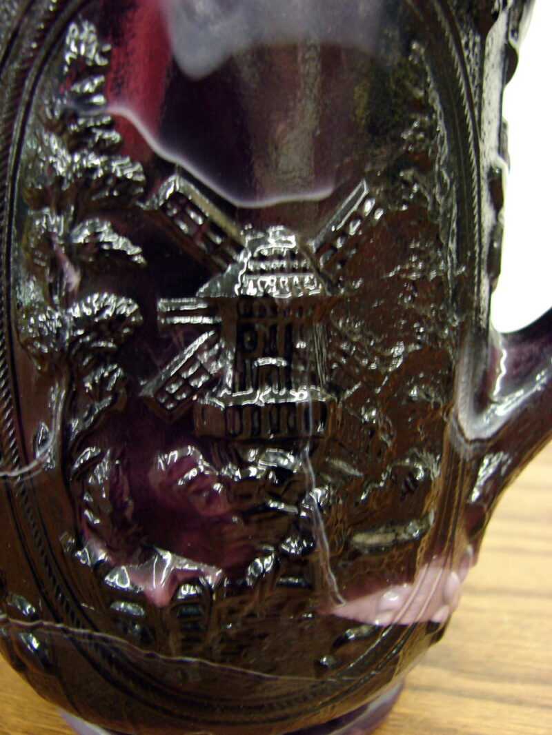 Vintage Imperial Slag Glass Marbeled Windmill Dutch Scene Pitcher, Moose-R-Us.Com Antiques Collectibles Log Cabin Decor