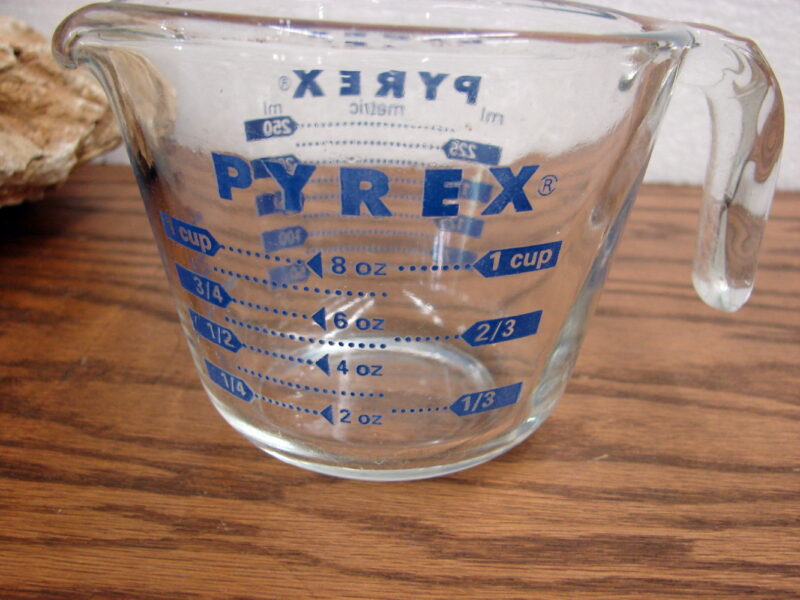 Vintage PYREX 1 Cup Blue Lettering Glass Measuring Cup, Moose-R-Us.Com Log Cabin Decor