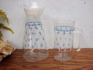 Vintage PYREX Blue Snowflake Garland Carafe w/ Lid and Blown Glass Pitcher