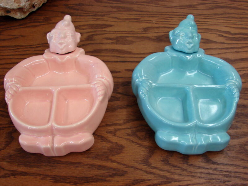 Vintage Red Wing Pottery Hankscraft Clown Baby Food Warming Dish Set/2 Pink Blue, Moose-R-Us.Com Antiques Collectibles Log Cabin Decor