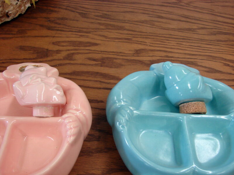 Vintage Red Wing Pottery Hankscraft Clown Baby Food Warming Dish Set/2 Pink Blue, Moose-R-Us.Com Antiques Collectibles Log Cabin Decor