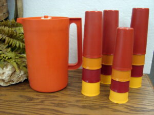 Vintage Tupperware Harvest Orange 1 Gallon #1416 Pitcher w/ 16 Pc Tumblers Set