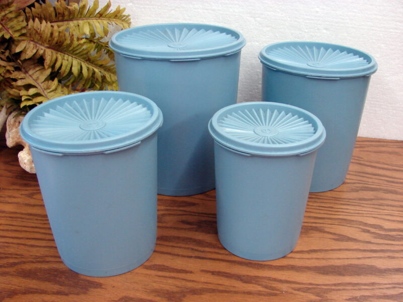 Vintage Tupperware Set/4 Country Blue Servalier Canister w/ Lids, Moose-R-Us.Com Antiques Collectibles Log Cabin Decor