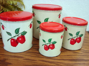 Vintage Ransburg Metal Canister Set Copper Lids Yellow Atomic Star, Moose-R-Us.Com Log Cabin Decor