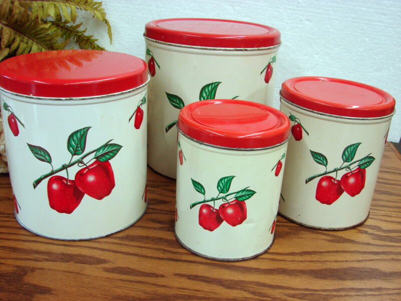 Vintage  4 pc Tin Canister Set Decoware Red Apple 1950&#8217;s, Moose-R-Us.Com Log Cabin Decor