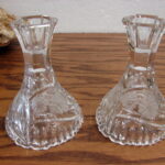 Vintage Clear Crystal Set/2 Short Etched Flower Vine Candle Sticks Holders