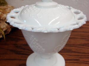 Vintage Indiana Glass Grape Vine Colony White Milk Glass Harvest Pedestal Candy Dish w/ Lid