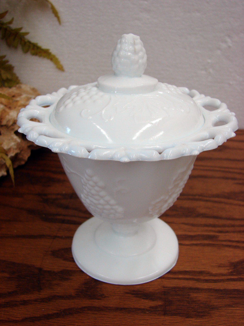 Vintage Indiana Glass Grape Vine Colony White Milk Glass Harvest Pedestal Candy Dish w/ Lid