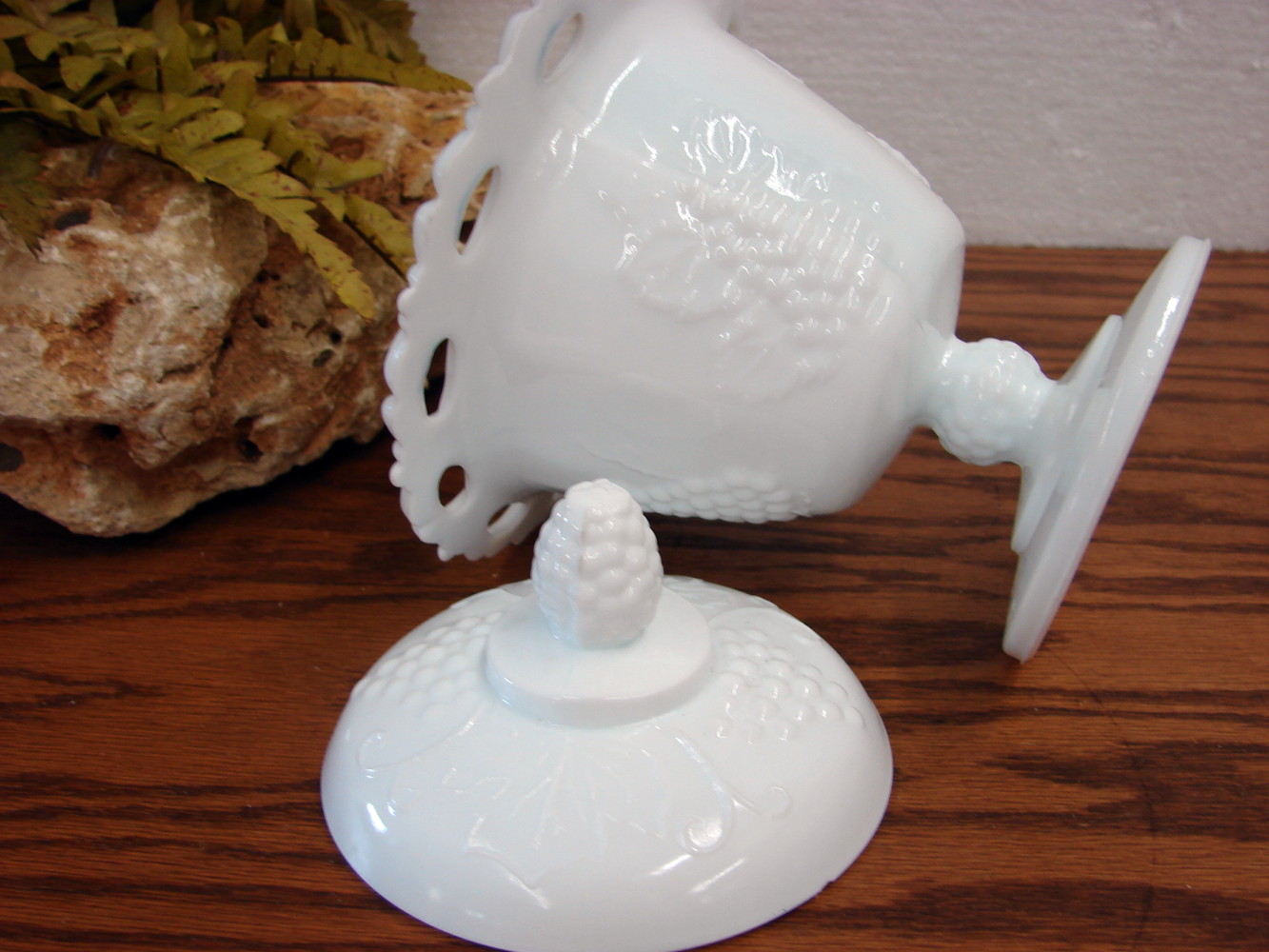 Vintage Indiana Glass Grape Vine Colony White Milk Glass Harvest Pedestal Candy Dish w/ Lid - Image 2