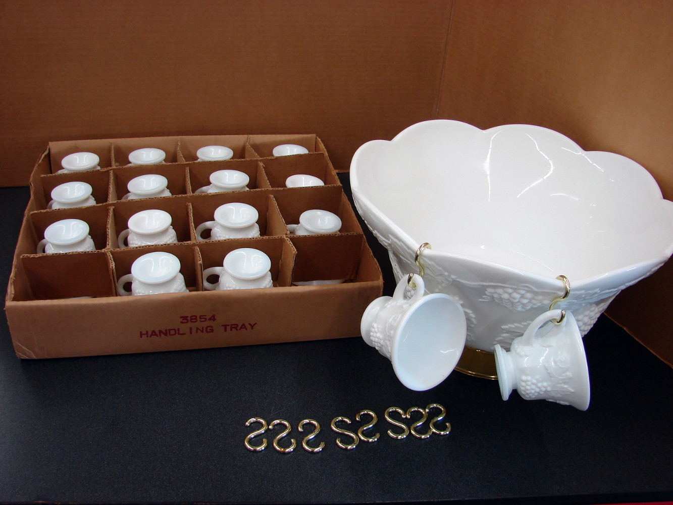 27 pc Vintage Indiana Glass Grape Vine Colony White Milk Glass Harvest Punch Bowl Set w/ 16 Cups in Original Box