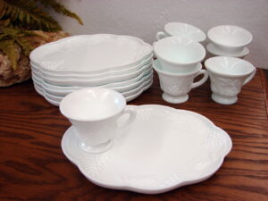 16 pc Vintage Indiana Glass Grape Vine Colony White Milk Glass Harvest Snack Set Service for Eight