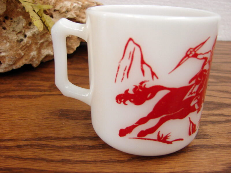 Vintage MCM Hazel Atlas Red Cowboy Indian Childs Mug Milk Glass, Moose-R-Us.Com Log Cabin Decor