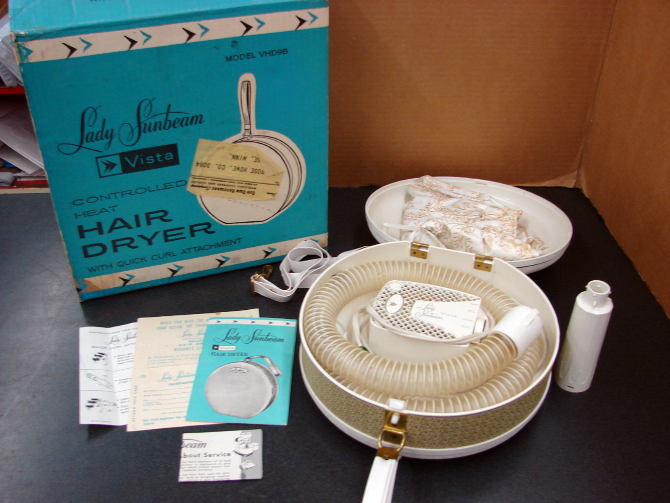 Vintage MCM Lady Sunbeam Vista Bonnet Hair Dryer Travel Size Case Moose R Us.Com Log Cabin Decor