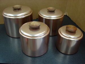 Set/4 Vintage Mirro Aluminum Copper Tone Canister Set Large Wood Knob Lids