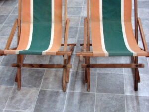 Set/2 Matching Vintage MCM Fold-up Striped Canvas Sling Sand Beach Rocking Chair