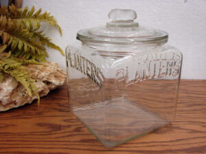 Vintage Planters Peanuts Glass Jar Advertising Display Square Peanut Finial Lid