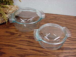 Set/2 Vintage PYREX Glass Clear Blue Tint France de Corning Casserole w/ Lid #451 and #453